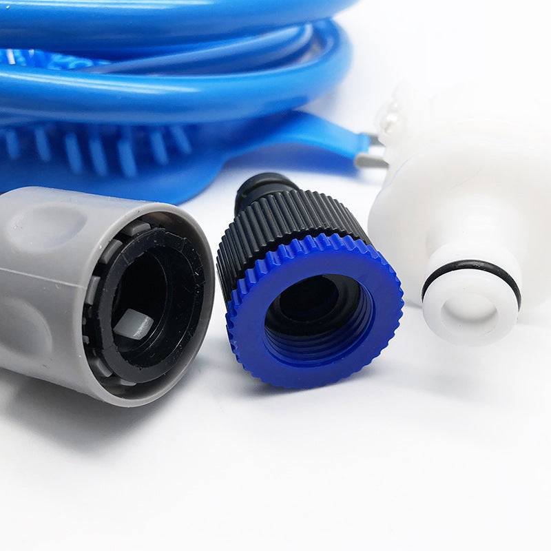 Pet Cleaning Supplies bath brush set with blue silicone bristles and black, blue, gray and white hose adapters
