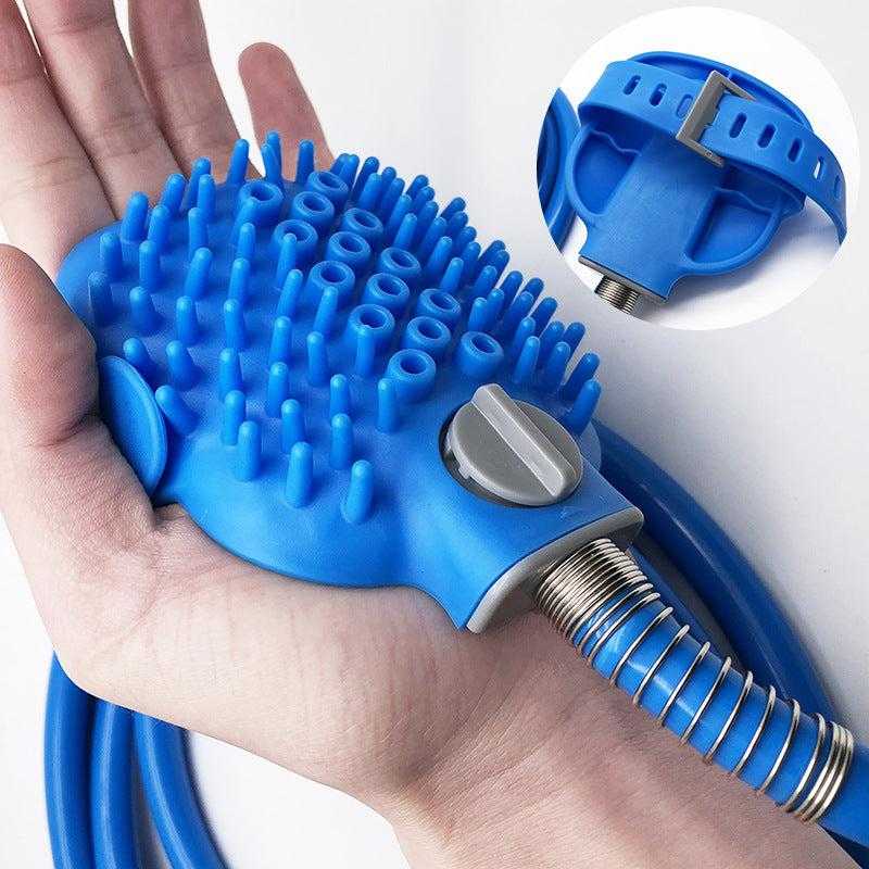 Pet Cleaning Supplies blue silicone and ABS pet bath brush with rounded bristles, water control dial and hose connector