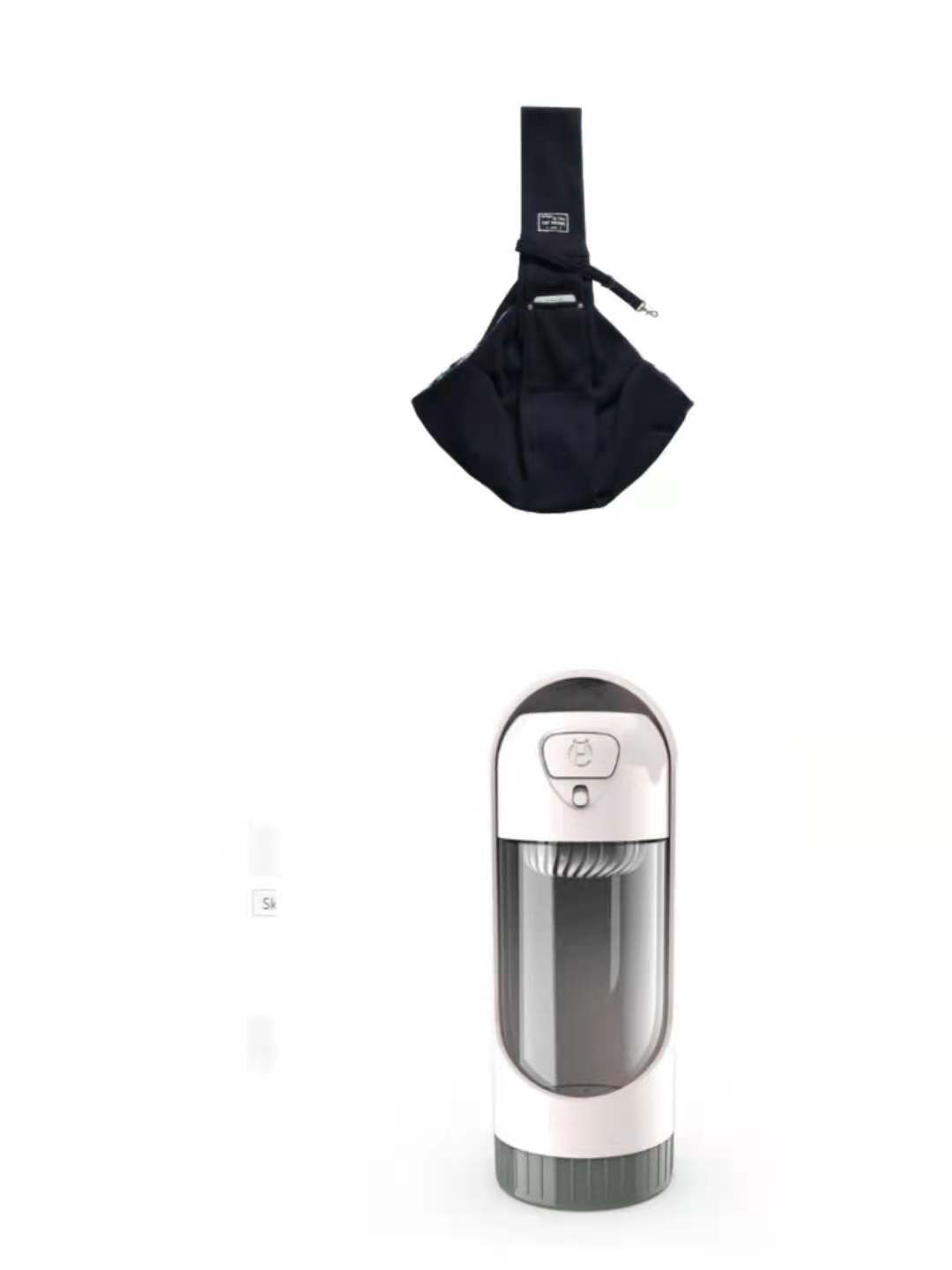 Pet Dog Travel Sling in black soft fabric, with a wide shoulder strap, gathered pouch, and small front pocket