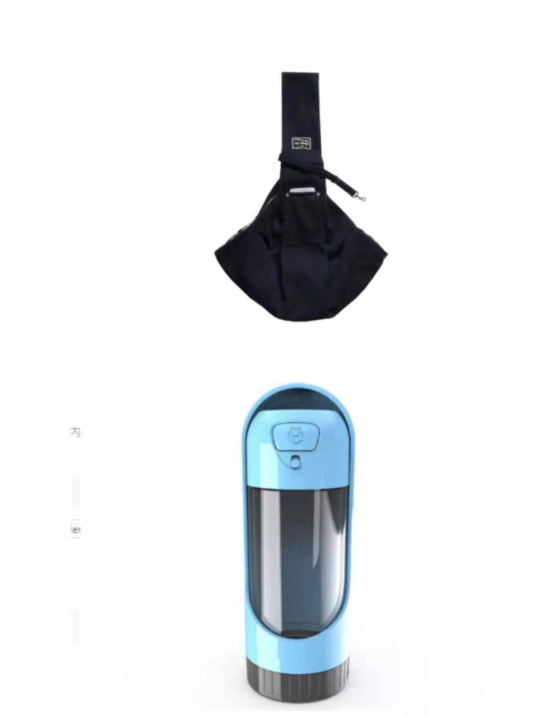 Pet Dog Travel Sling in black soft fabric with a wide shoulder strap, drawstring opening and front pocket