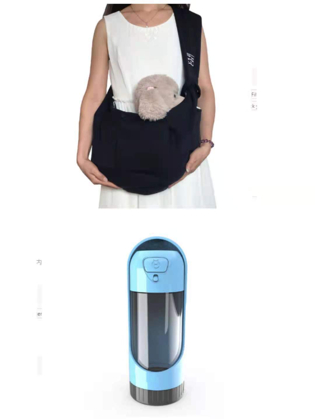 Pet Dog Travel Sling in black soft fabric, worn across the body with a small fluffy dog nestled in its open top