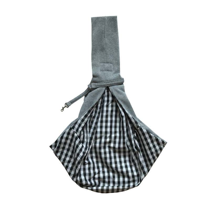 Pet Dog Travel Sling bag in gray fabric with a black-and-white checked pouch, wide shoulder strap and small clip