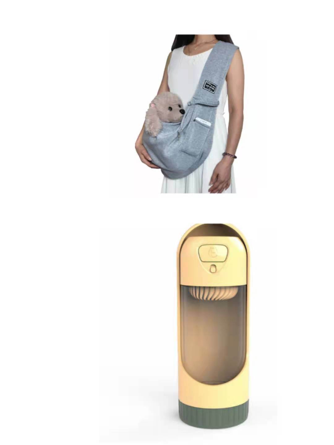 Pet Dog Travel Sling, a soft light gray fabric carrier worn crossbody, with a front pocket and small dog inside
