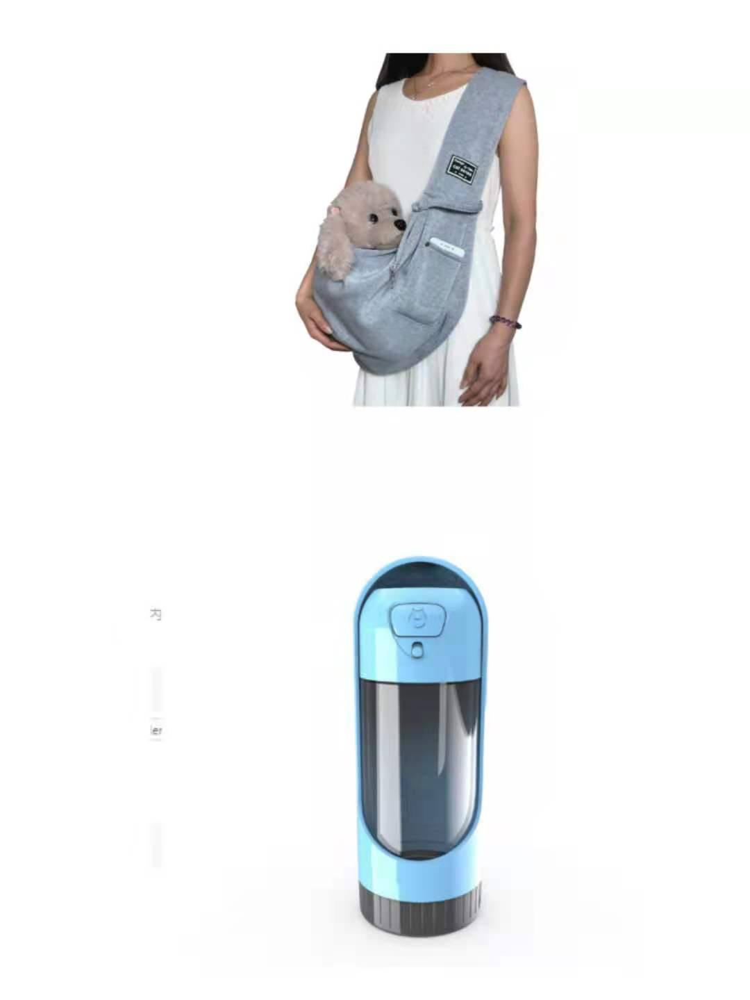 Pet Dog Travel Sling in soft gray fabric with a wide shoulder strap, front phone pocket, and small dog carrier pouch