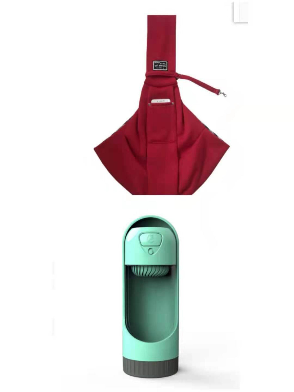 Pet Dog Travel Sling in red fabric with a front pocket and adjustable shoulder strap, shown with a mint-green travel bottle
