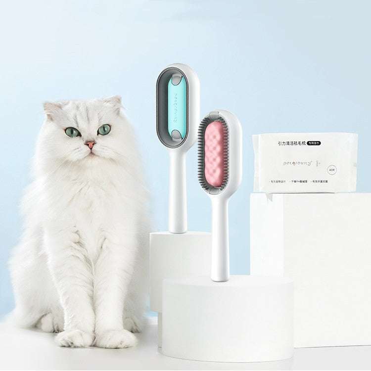 pet grooming supplies set with white and pink silicone combs and a pack of white grooming wipes beside a white long-haired cat