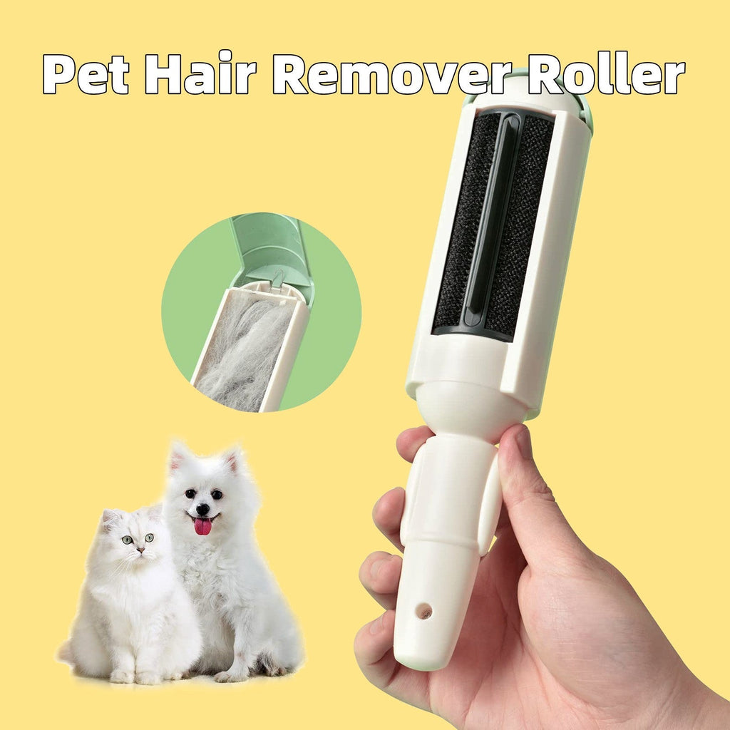 Pet Hair Remover Roller in white and green plastic with a brush surface, held in hand with inset showing collected pet hair inside the device