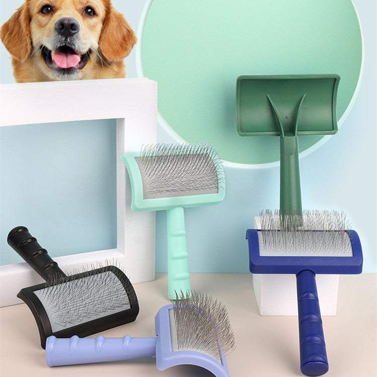 Pet Needle Comb with plastic handles and curved metal pins in black, mint green, blue, and lavender designs