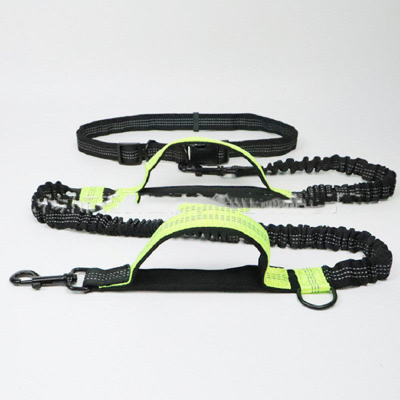 Pet Products Pet Traction Rope in black and fluorescent green polyester, with padded handles, elastic lead and waist belt.