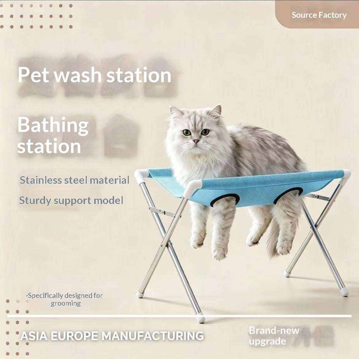 Portable And Easy-to-Use Pet Bathing Support Stand with a sky blue fabric sling, white supports and silver metal folding legs holding a cat