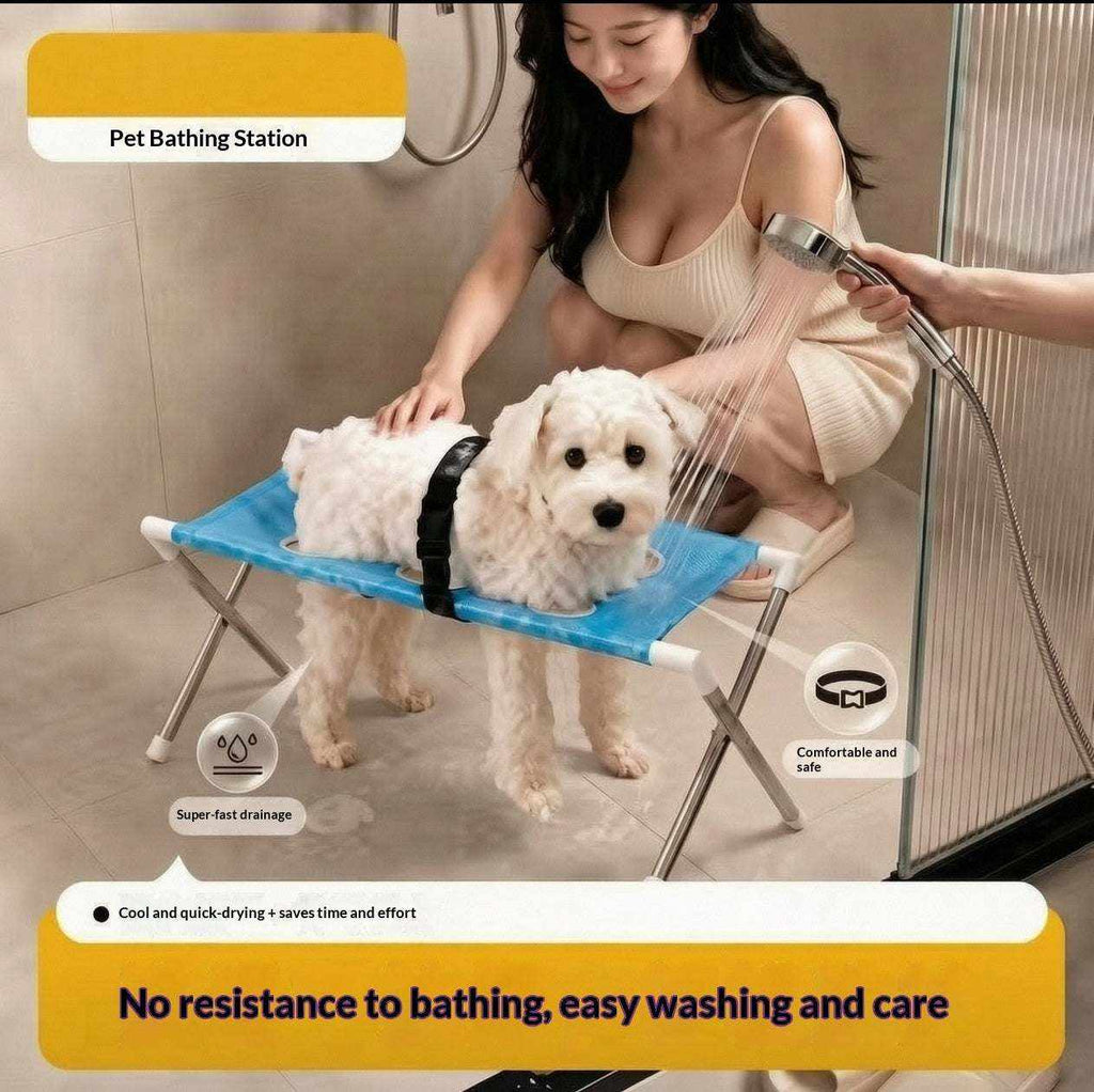 Portable And Easy-to-Use Pet Bathing Support Stand with a sky blue fabric sling, white supports and folding metal legs holding a small dog