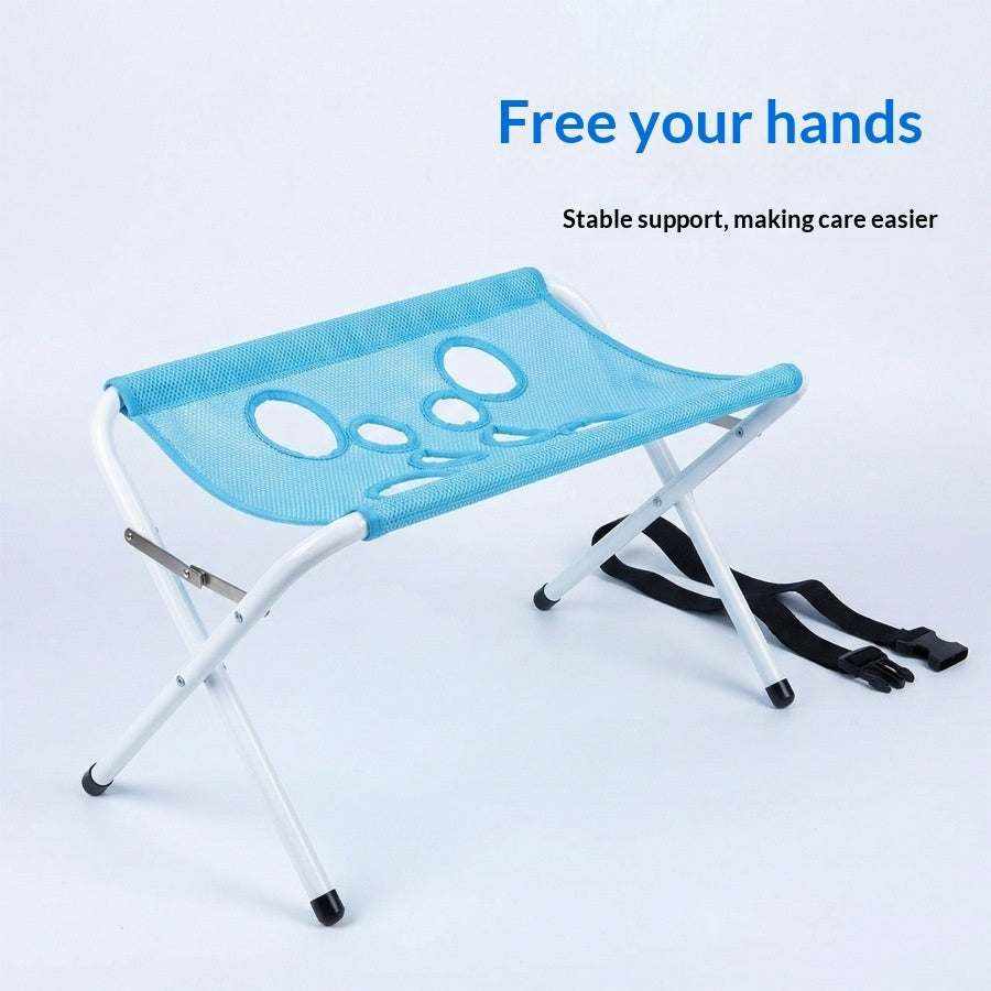 Portable And Easy-to-Use Pet Bathing Support Stand with a sky blue mesh polyester sling, oval openings and white folding legs