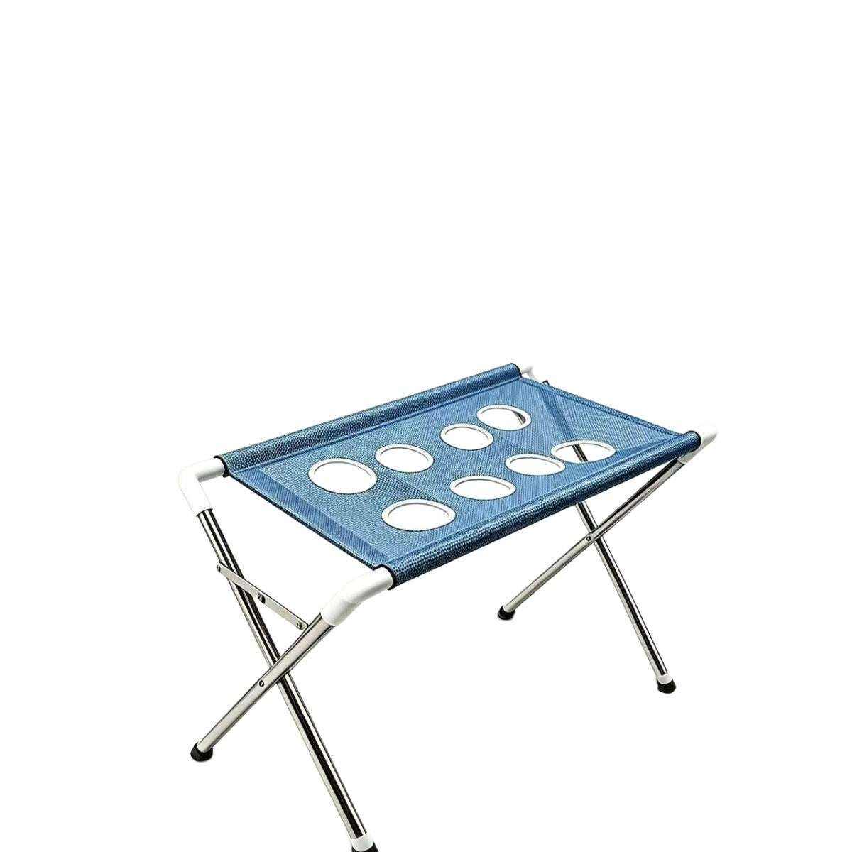 Portable And Easy-to-Use Pet Bathing Support Stand in blue polyester mesh with circular openings and folding metal legs