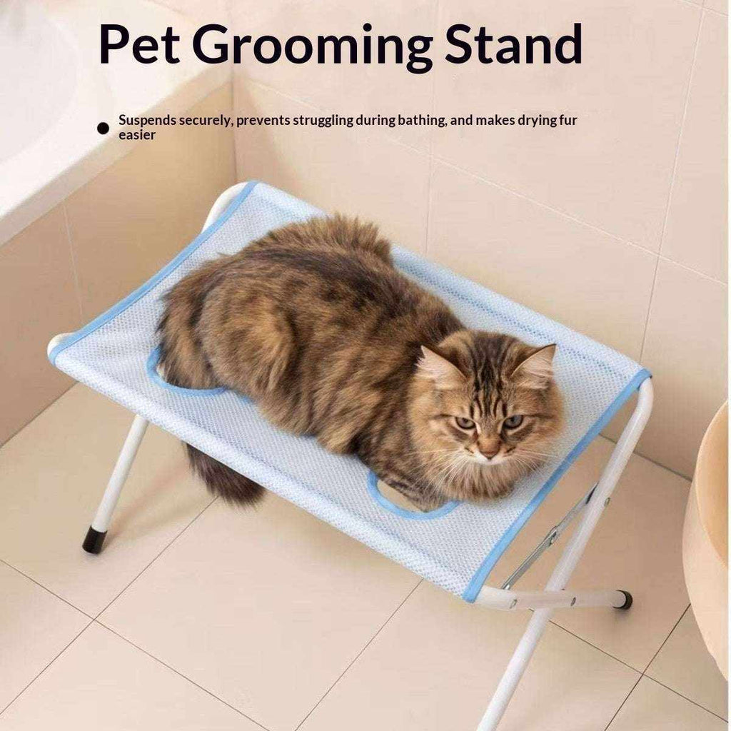 Portable And Easy-to-Use Pet Bathing Support Stand in light blue mesh polyester with white folding legs, holding a fluffy brown cat