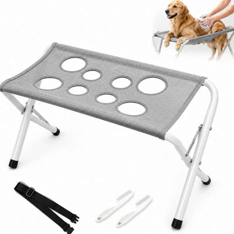 Portable And Easy-to-Use Pet Bathing Support Stand with a gray mesh fabric seat, circular openings, and white folding legs