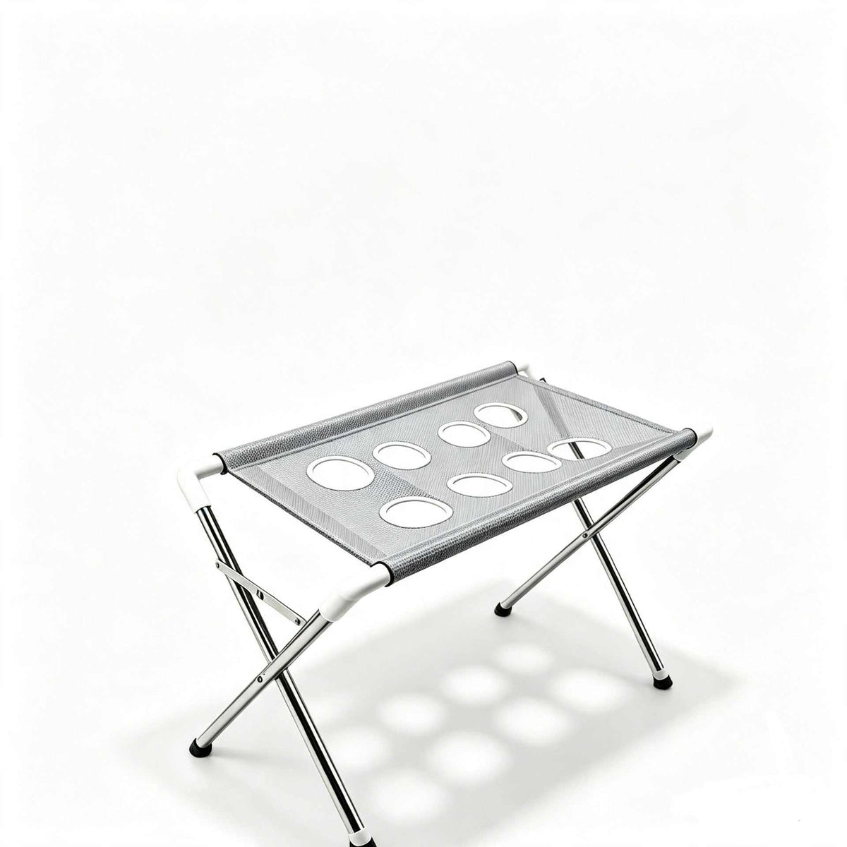 Portable And Easy-to-Use Pet Bathing Support Stand in gray polyester mesh with circular drainage holes and folding metal legs