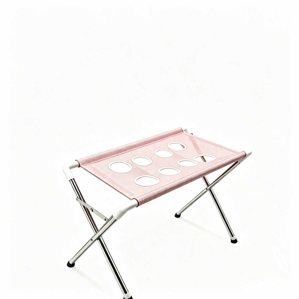 Portable And Easy-to-Use Pet Bathing Support Stand in pink polyester mesh with oval openings and folding metal legs