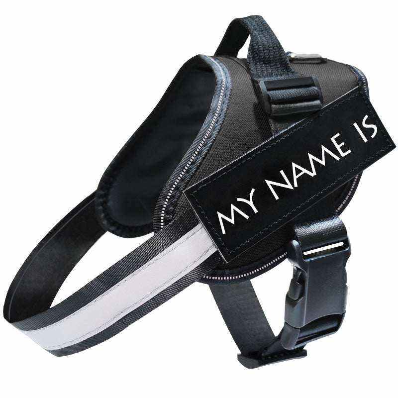 Reflective Dog Leash black polyester chest harness with a wide reflective stripe, adjustable straps and buckle