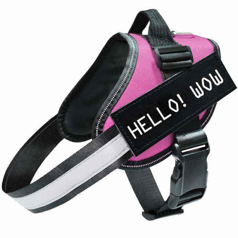 Reflective Dog Leash with a bright pink polyester chest harness, black adjustable straps, reflective trim, and HELLO! WOO text.