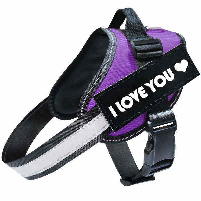 Reflective Dog Leash, purple and black polyester dog harness with a reflective white strap, buckles and heart lettering