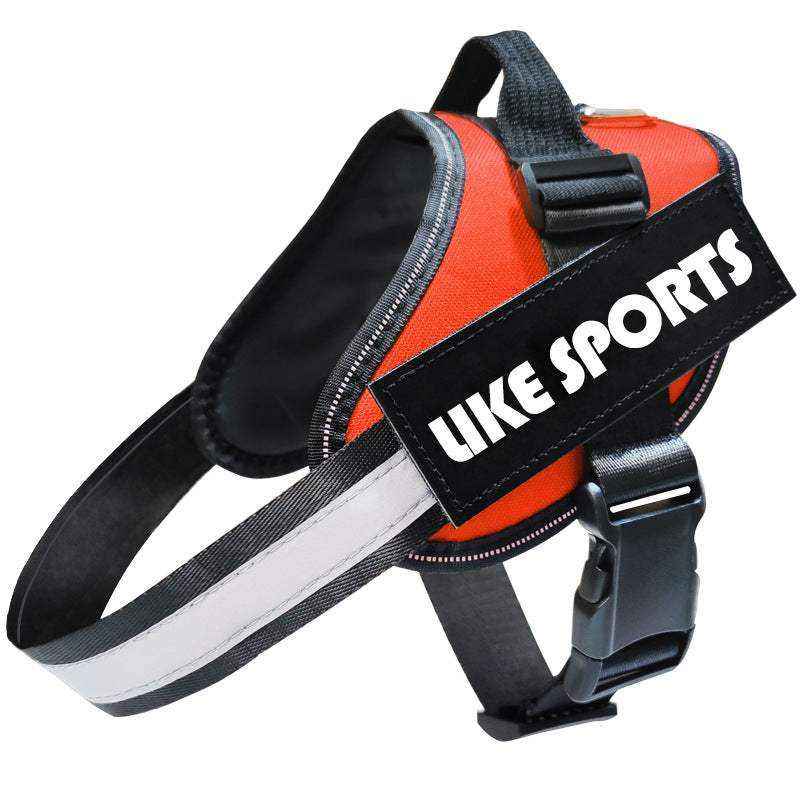 Reflective Dog Leash with a red and black polyester harness, reflective strap, adjustable buckles and LIKE SPORTS patch