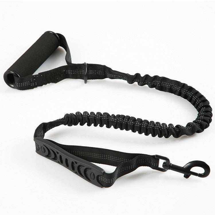 Spot Explosion Proof retractable dog leash in black woven nylon with a coiled elastic section, padded handle and metal clip