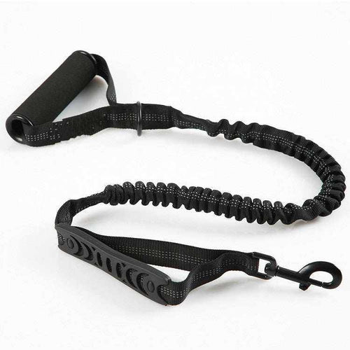 Spot Explosion Proof retractable dog leash in black woven nylon with a coiled elastic section, padded handle and metal clip