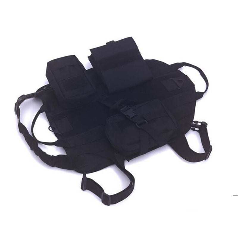 Tactical dog clothing vest in solid black nylon with adjustable straps, buckles, and hook-and-loop panels