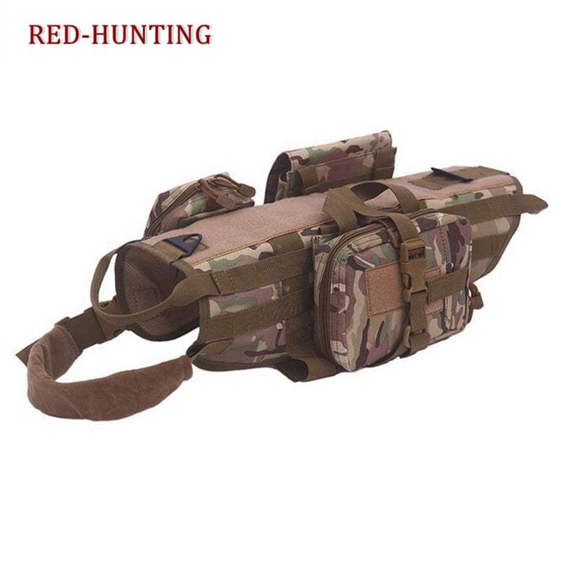 Tactical dog clothing vest in brown and green camouflage nylon with adjustable straps, padded handle and utility pockets