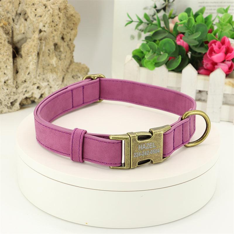 Teddy Corgi Dog Collar in purple microfiber leather with stitched bands, a brass-tone buckle and metal ring