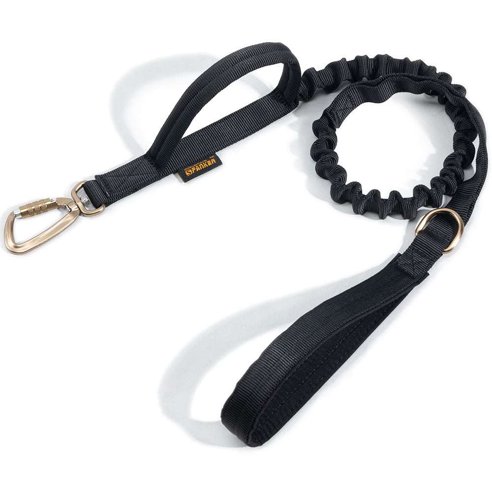 Traction Rope Collar in black nylon webbing with a coiled shock-absorbing section, padded handle and metal clips