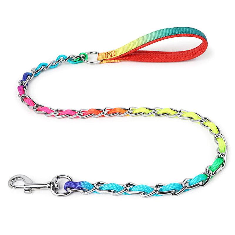 Ulysses Medium Small Dog leash with a rainbow nylon handle and colorful braided nylon sections linked through shiny metal chain
